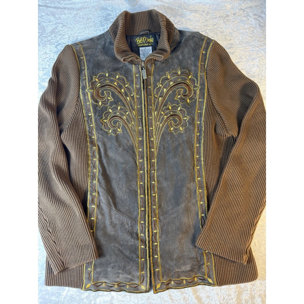 Vintage Bob Mackie Wearable Art Leather Embroidered Zip Jacket Brown Sz S